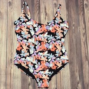 Floral One Piece Swimsuit - Black, Pink, Orange